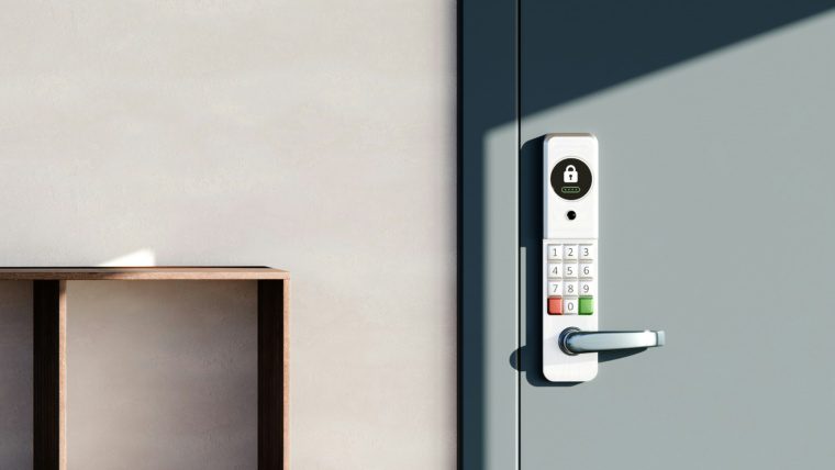 Commercial access control keypad and PIN entry lock installed on office door in Dallas