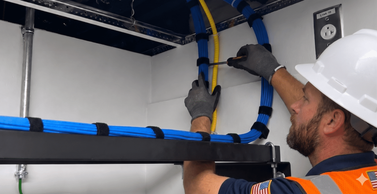 Technician organizes network cables against a white wall.