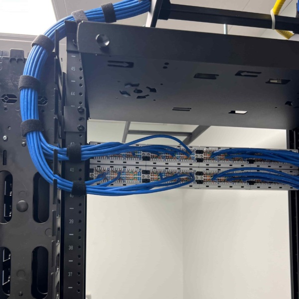 Close-up of blue Cat6 cables neatly bundled and terminated into dual patch panels on an open-frame rack