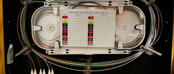 Fusion splice protection sleeves used during OS2 fiber installation in Dallas office project