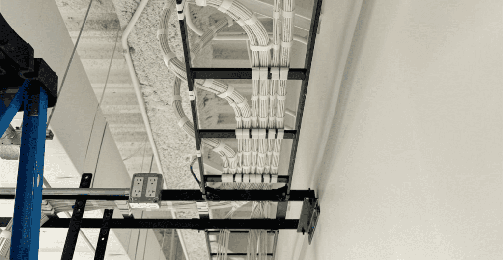 Overhead cable tray with neatly managed structured cabling.