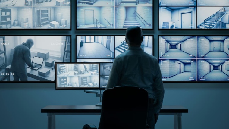 Brivo Security Suite Dallas — security professional viewing a wall of CCTV camera feeds from multiple building areas, representing the unified access control and video surveillance platform NTi Technologies installs for DFW businesses