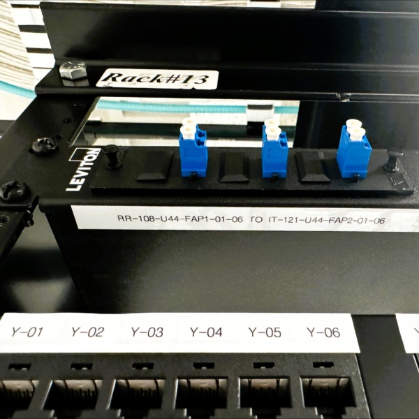 Close-up of labeled patch panel ports and fiber connectors.