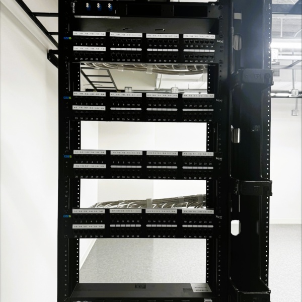 Network rack with labeled CAT6 patch panels.